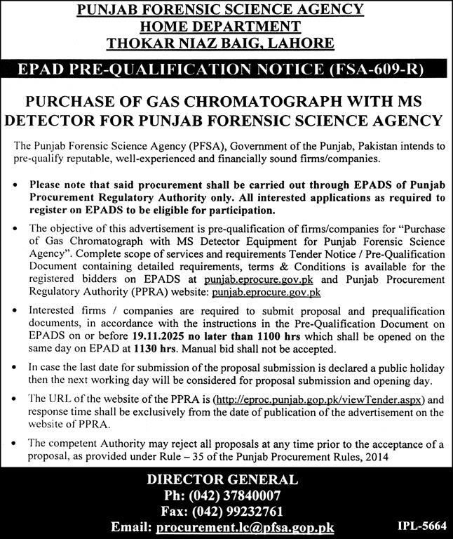 Punjab Forensic Science Agency Home Department Lahore Tender Notice